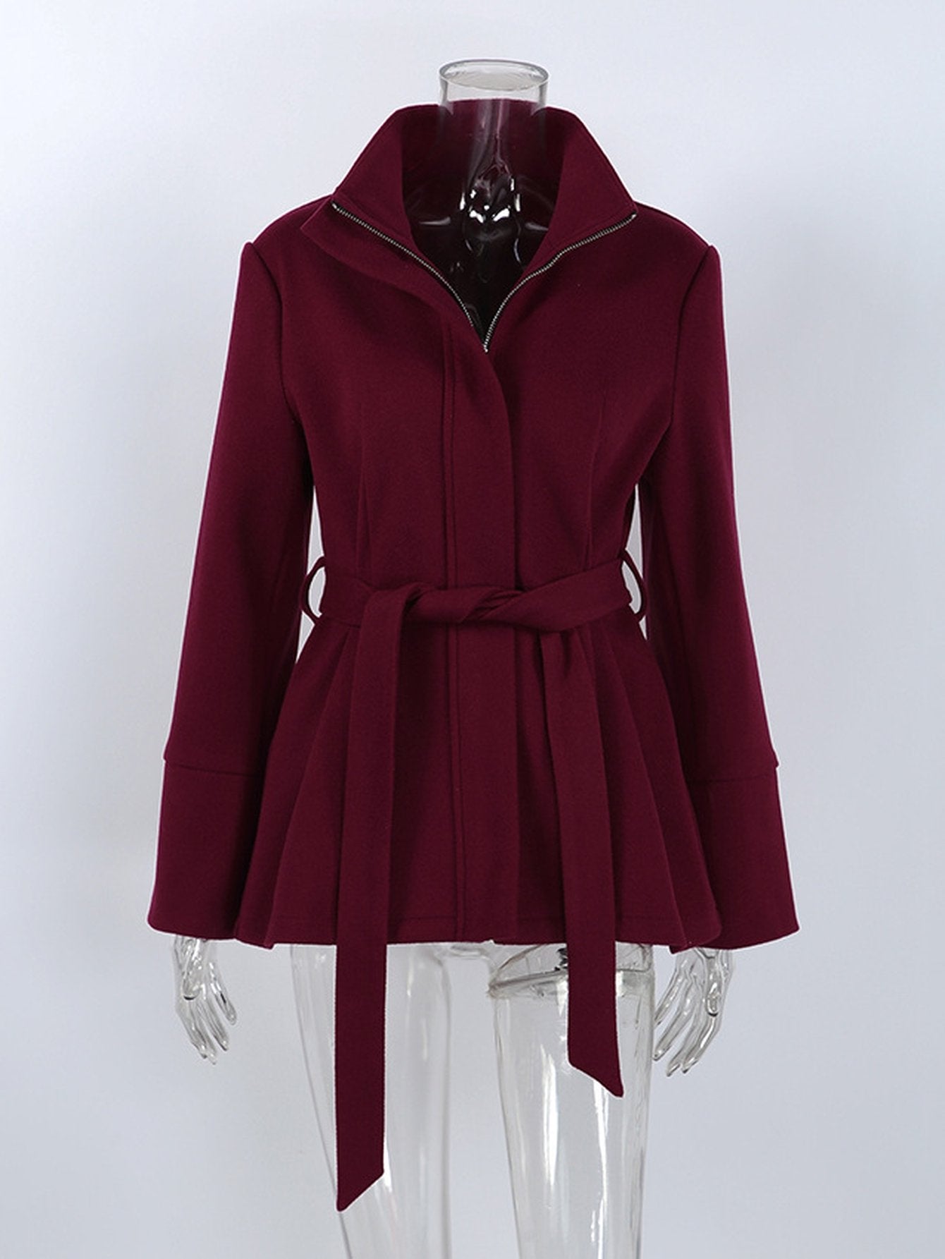Stand Collar Belted Wool Coat