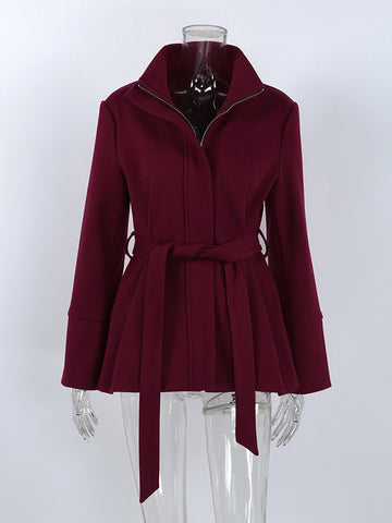 Stand Collar Belted Wool Coat