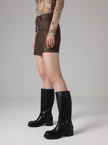 Harness-Buckle Chunky Heel Chic Mid-Calf Boots