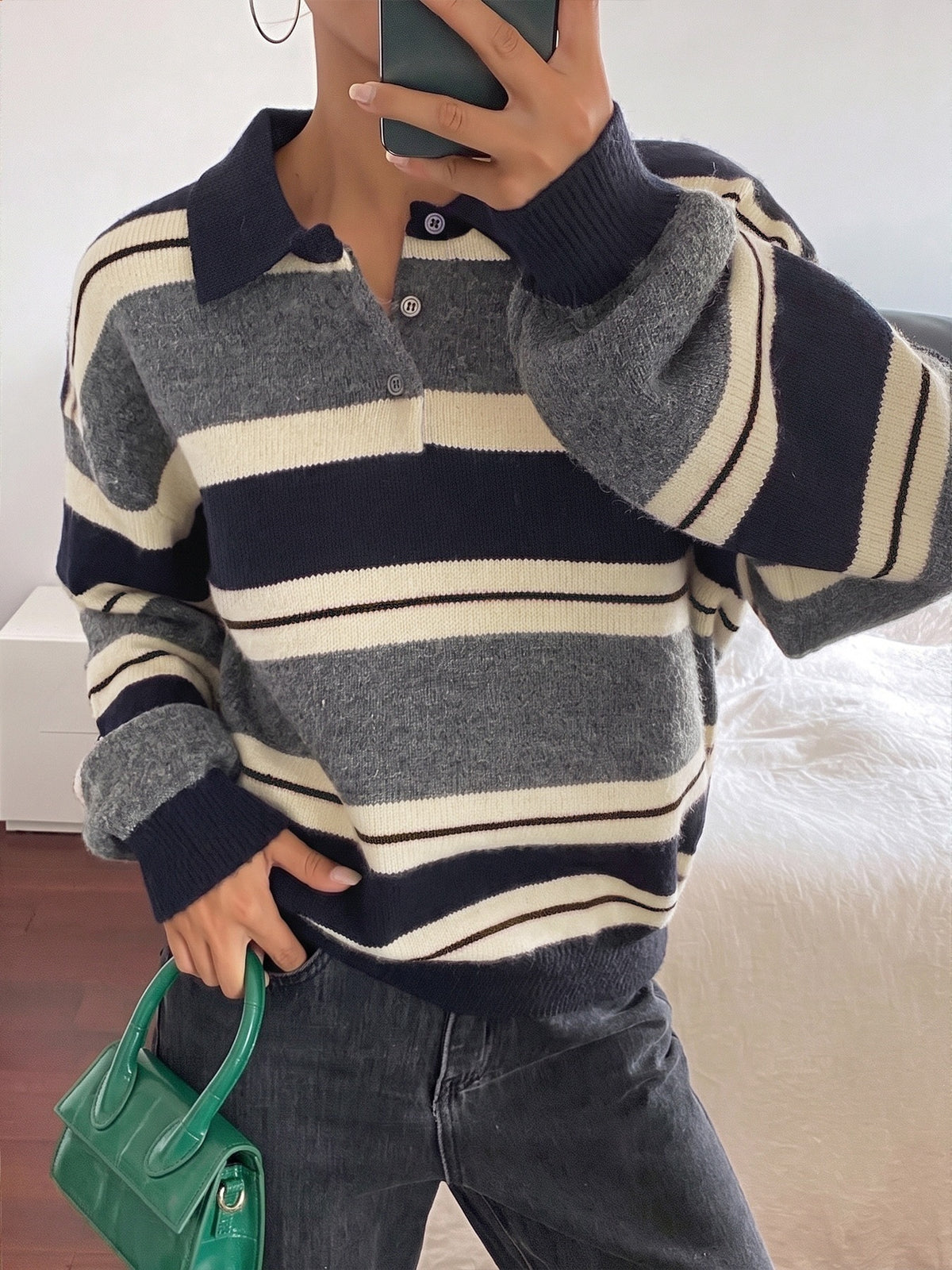 Oversized Striped Polo Collar Sweater