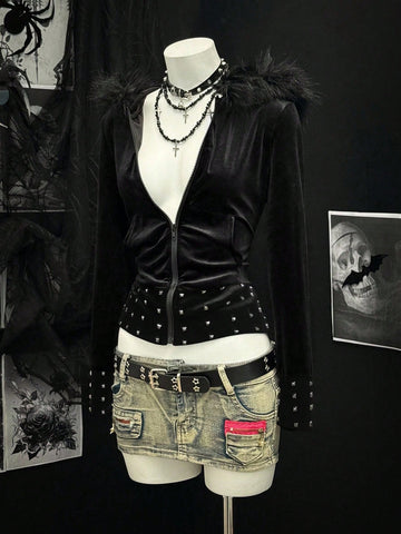 Studded Faux Fur Trim Hoodie