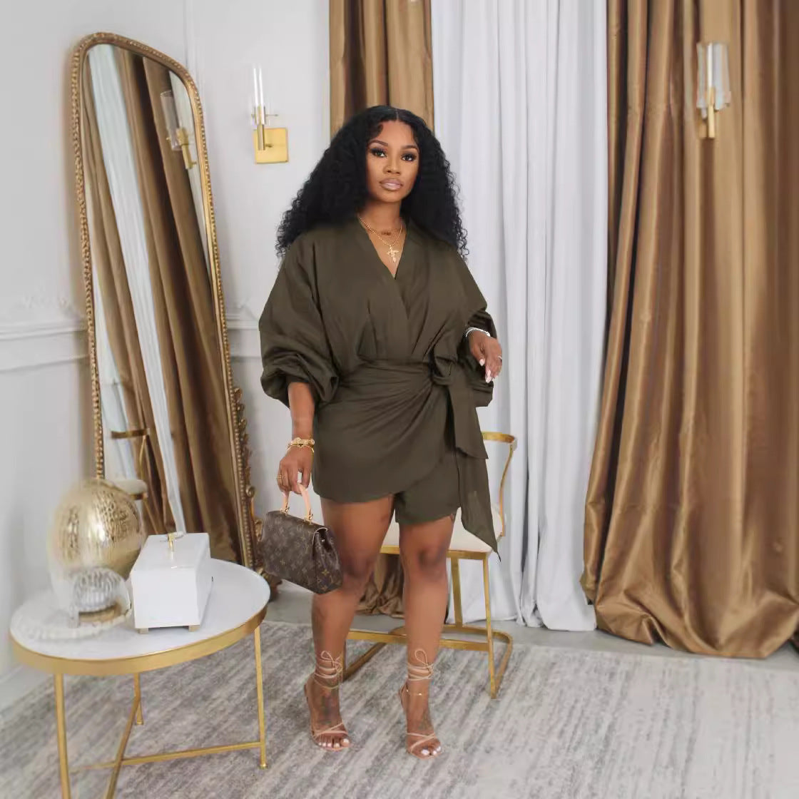V Neck Tie Waist Mini Dress