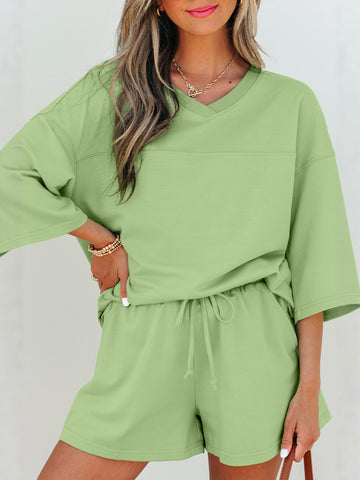 V Neck Drawstring Waist Shorts Set