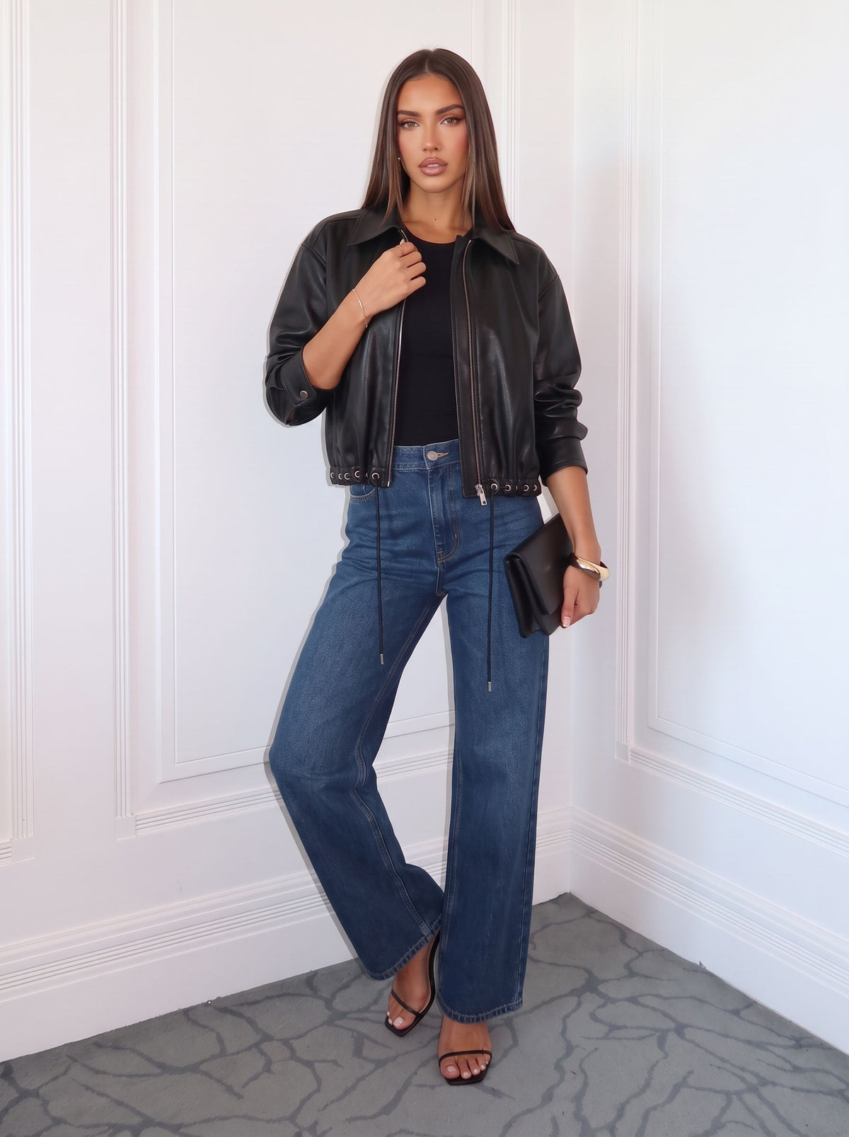 Cropped Grommet Detail Faux Leather Jacket