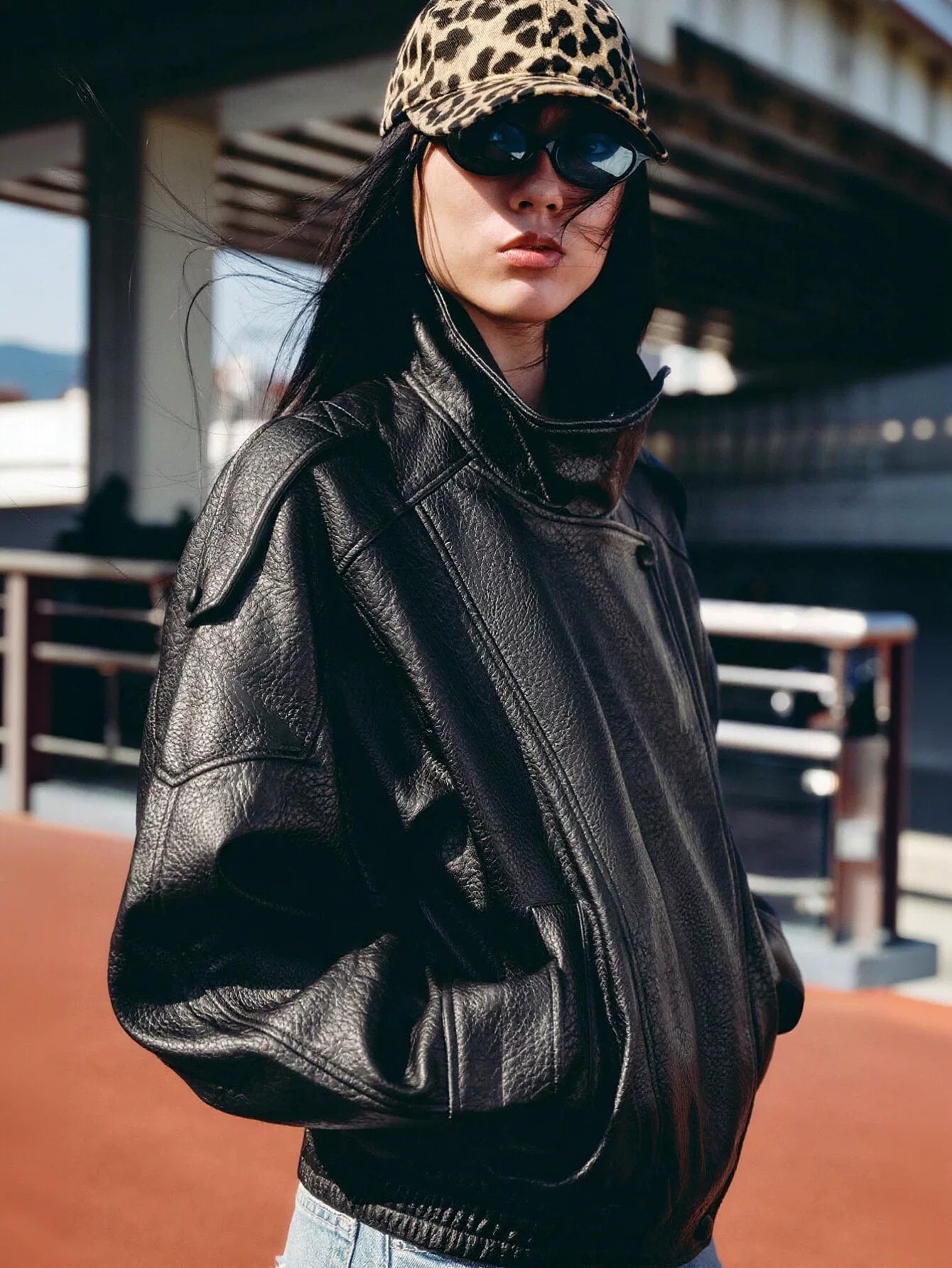 Oversized Vegan Leather Bomber Jacket