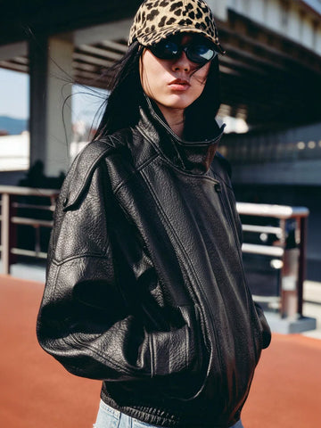Oversized Vegan Leather Bomber Jacket