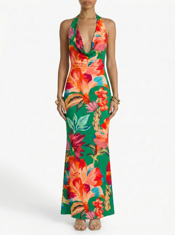 Floral Print Cowl Neck Bodycon Maxi Dress