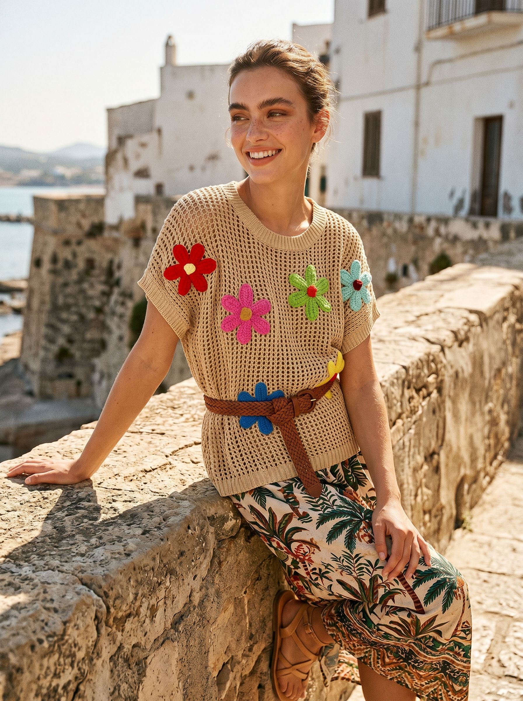 Floral Crochet Short Sleeve Sweater