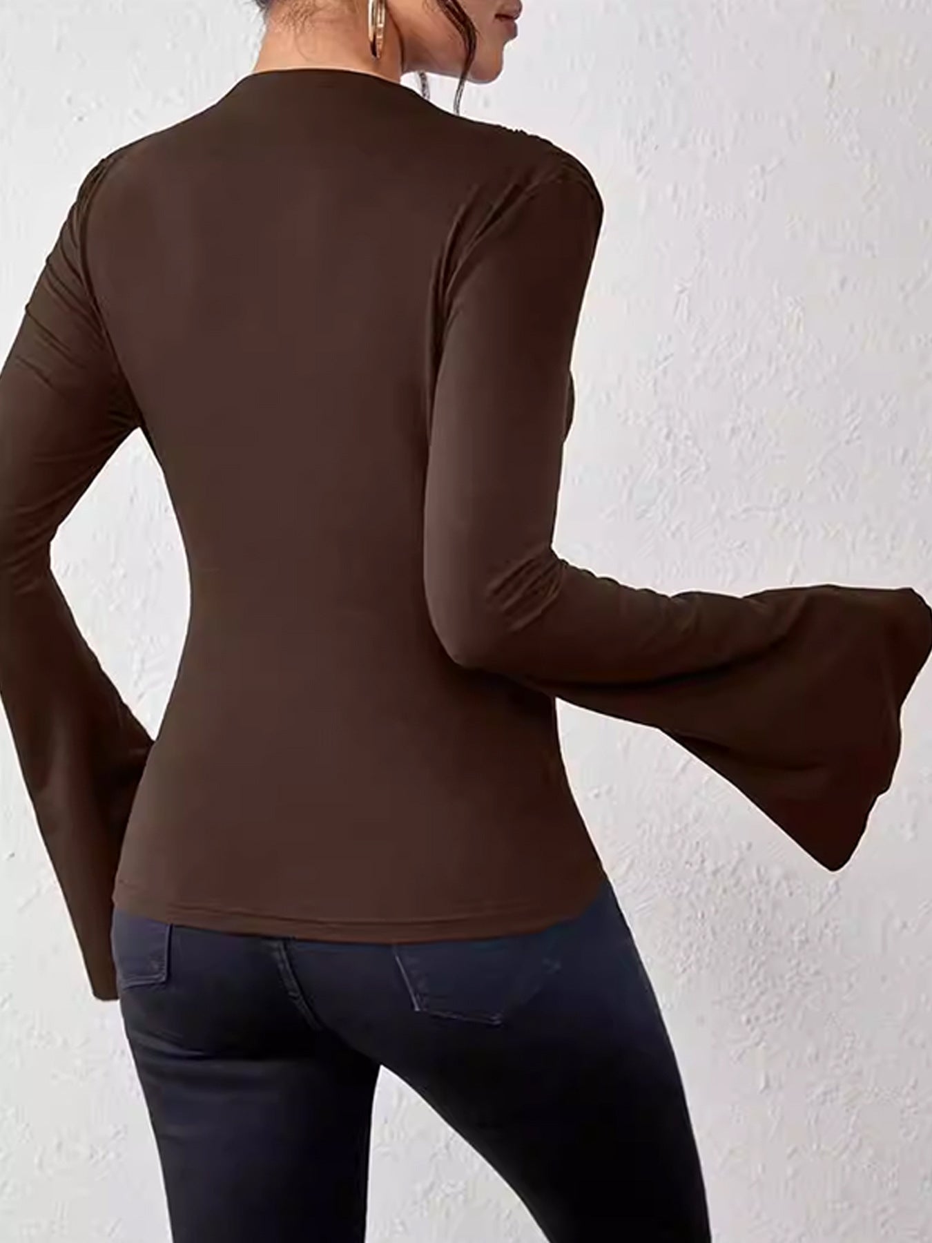 Ruched Bell Sleeve Mock Neck Tee