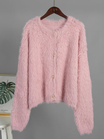 Fuzzy Cropped Button Cardigan Sweater