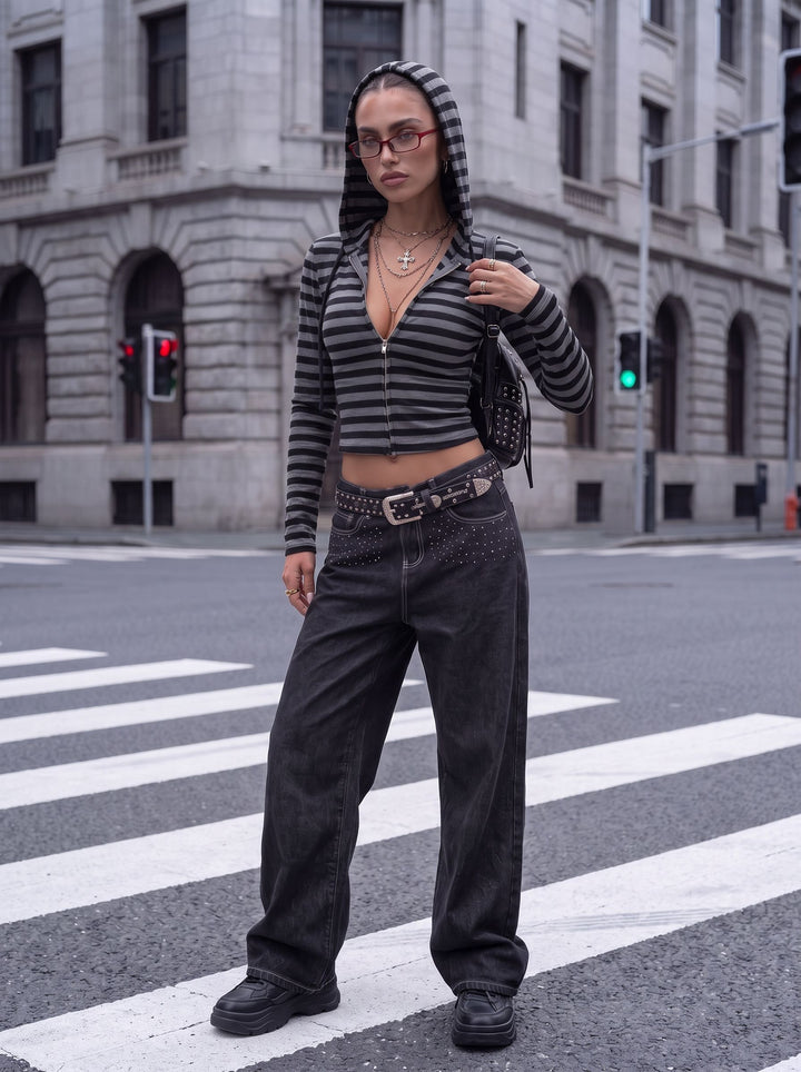 Cropped Striped Zip Up Hoodie