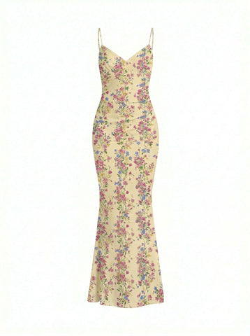 Floral Print Spaghetti Strap Bodycon Maxi Dress