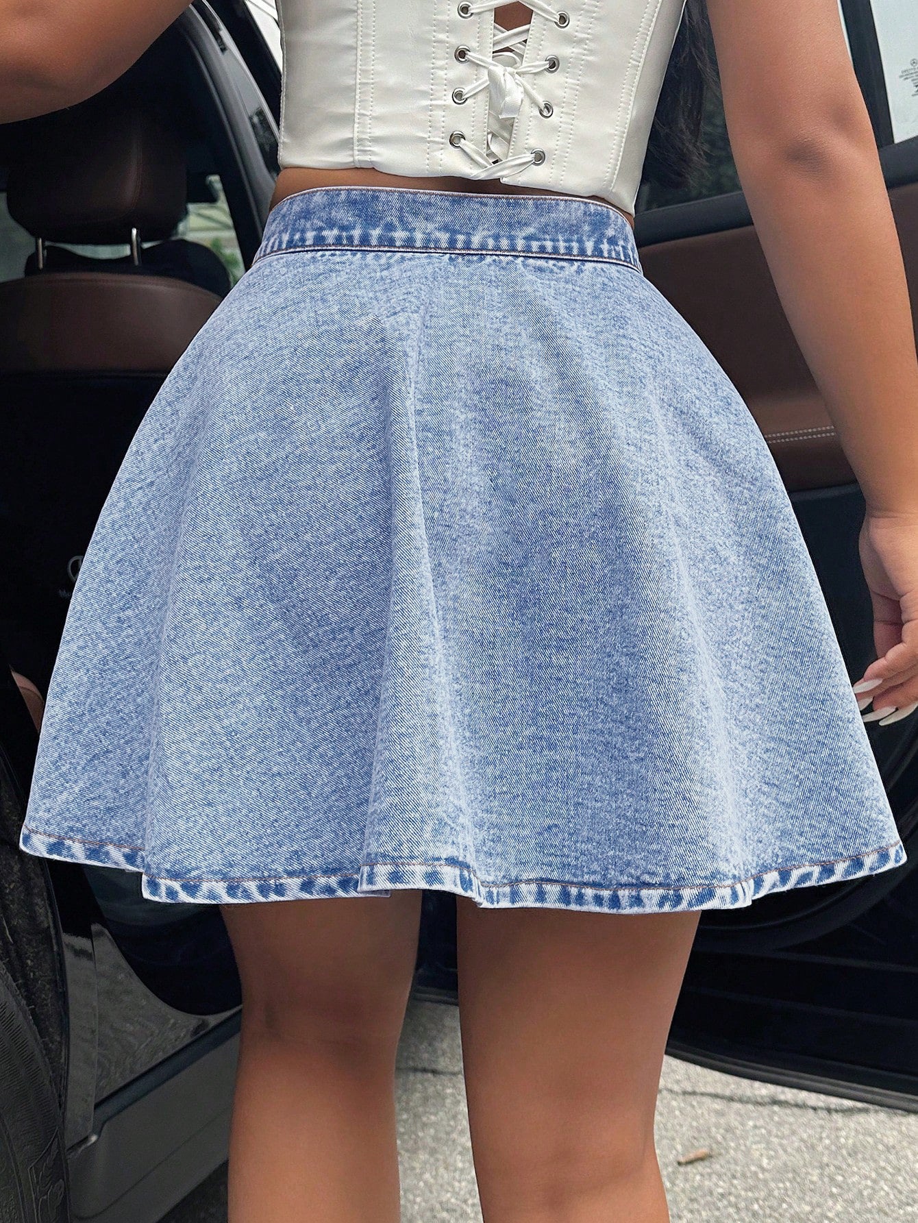 High-Waisted A-Line Vintage Denim Mini Skirt-Light Blue