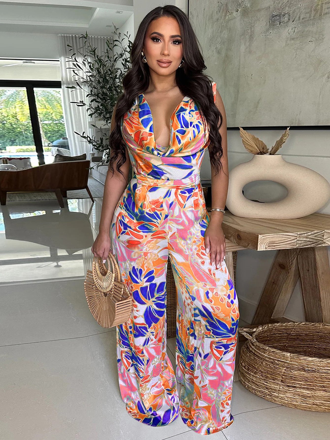 Deep V Neck Floral Print Elegant Jumpsuit