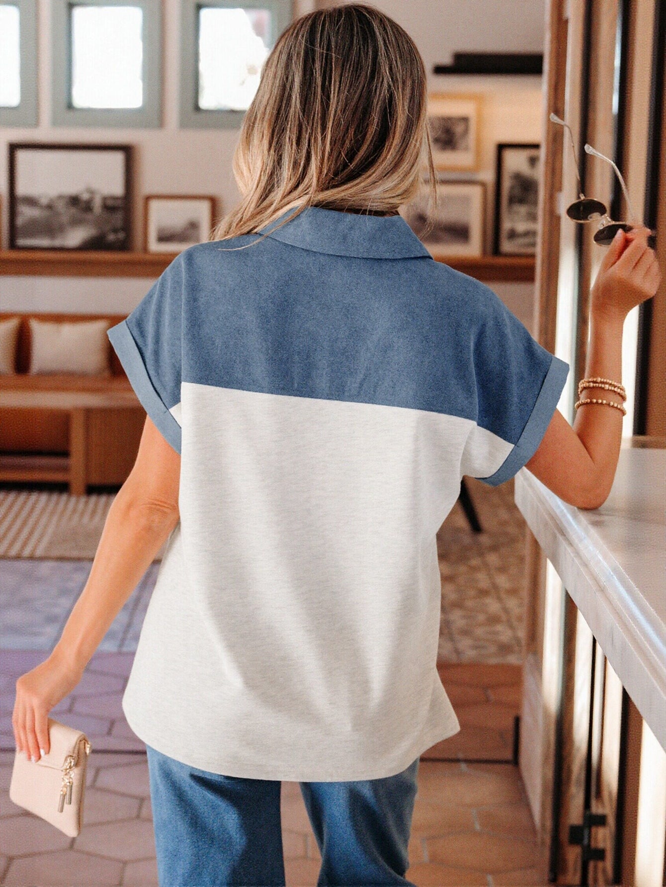 Denim Collar Jersey Knit Blouse