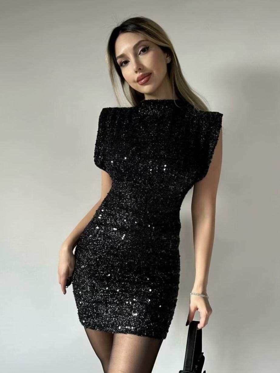 Sparkly Mock Neck Sequin Mini Dress