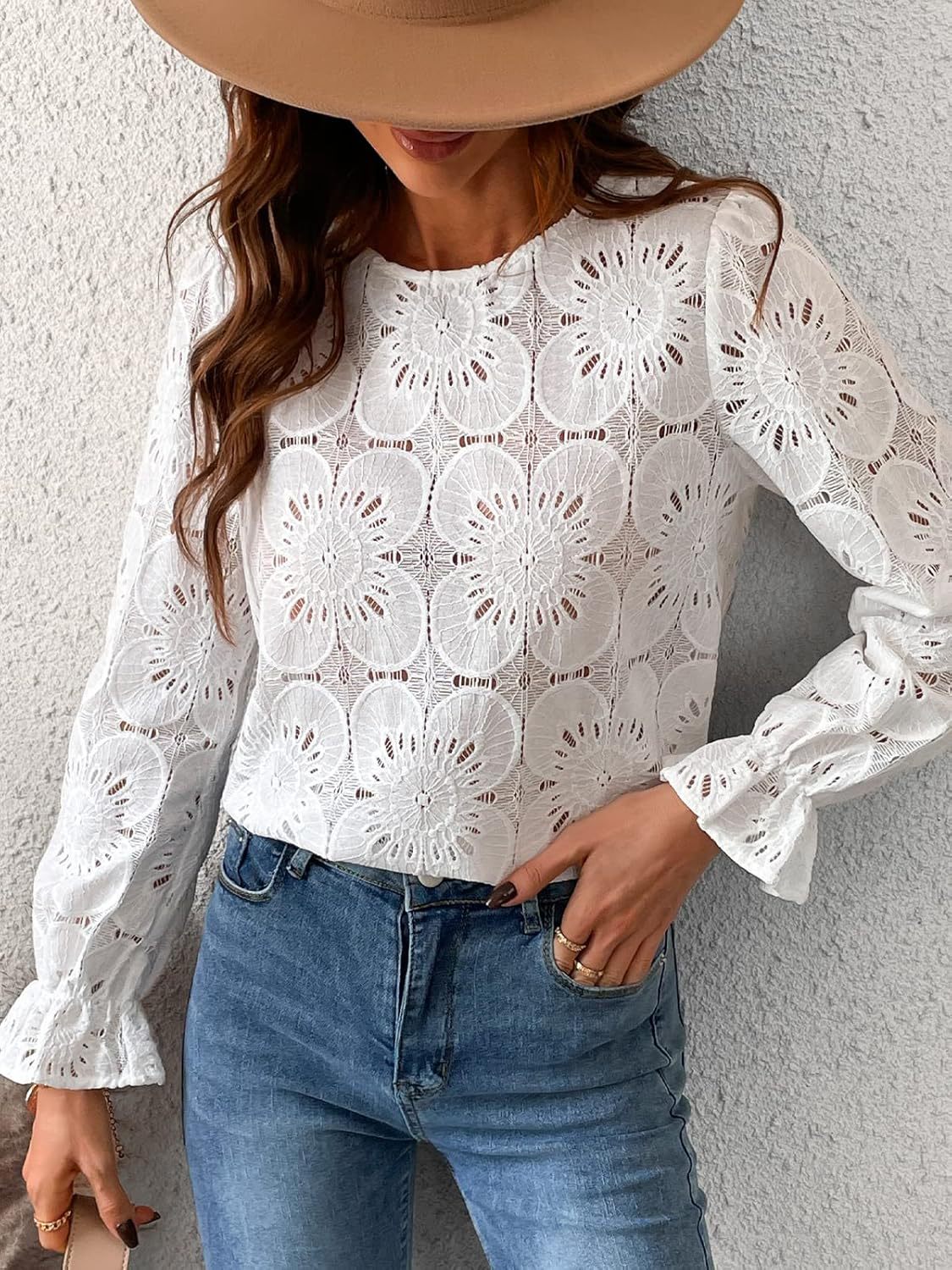 Guipure Lace Long Sleeve Casual Blouse