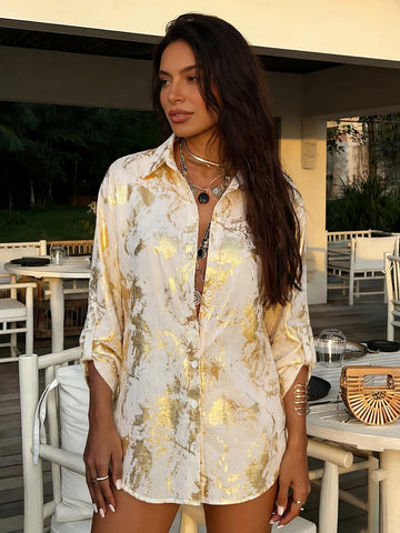 Metallic Foil Print Button Down Shirt