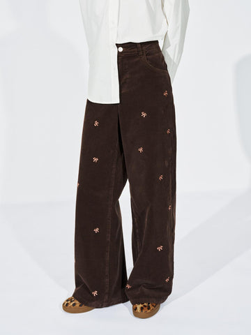 Urban Revivo Bow Printed Wide Leg Jeans-Dark Brown