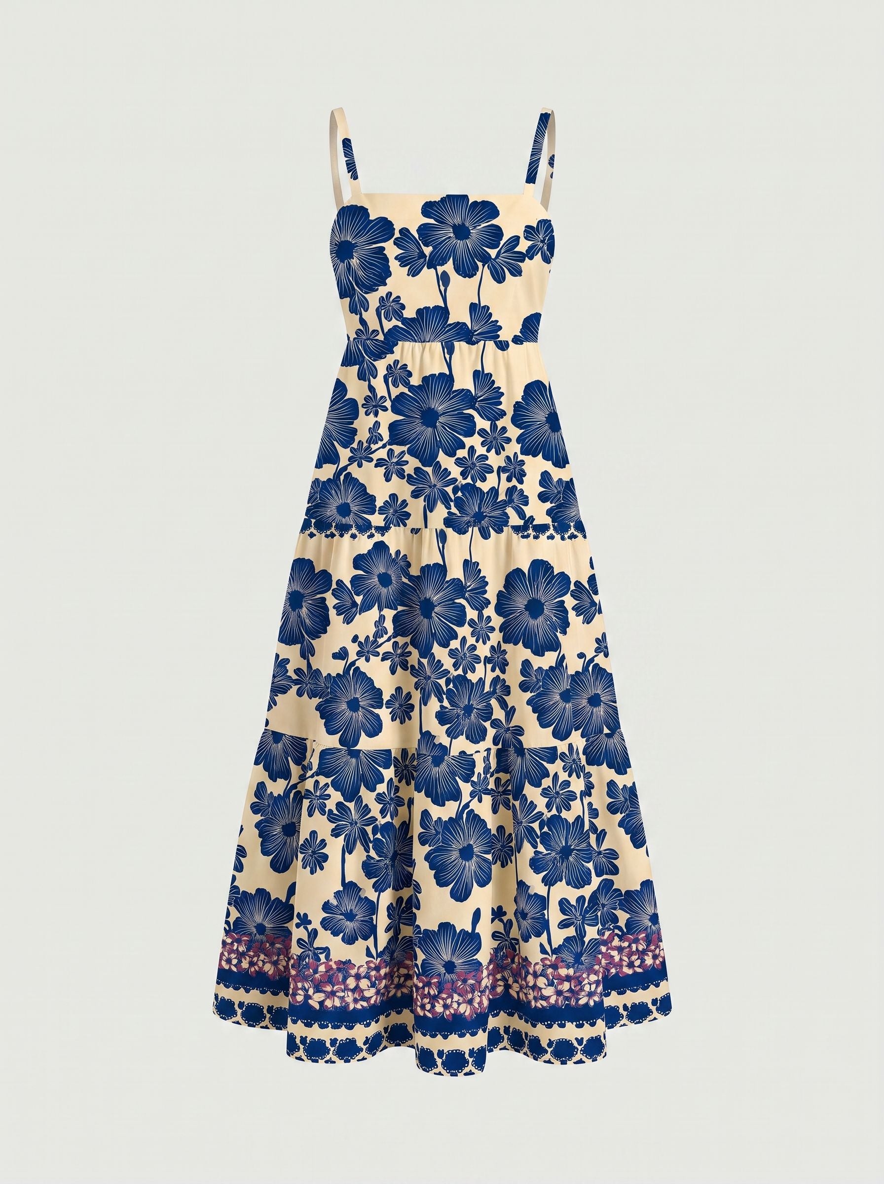 FLORA Floral Print Tiered Strap Midi Dress