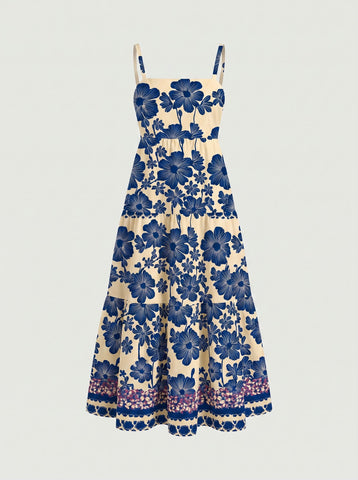 FLORA Floral Print Tiered Strap Midi Dress