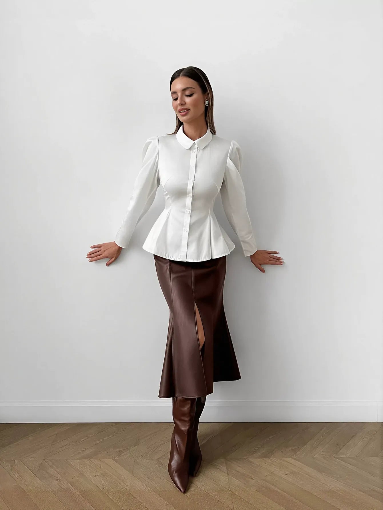 High Waisted Faux Leather Midi Skirt