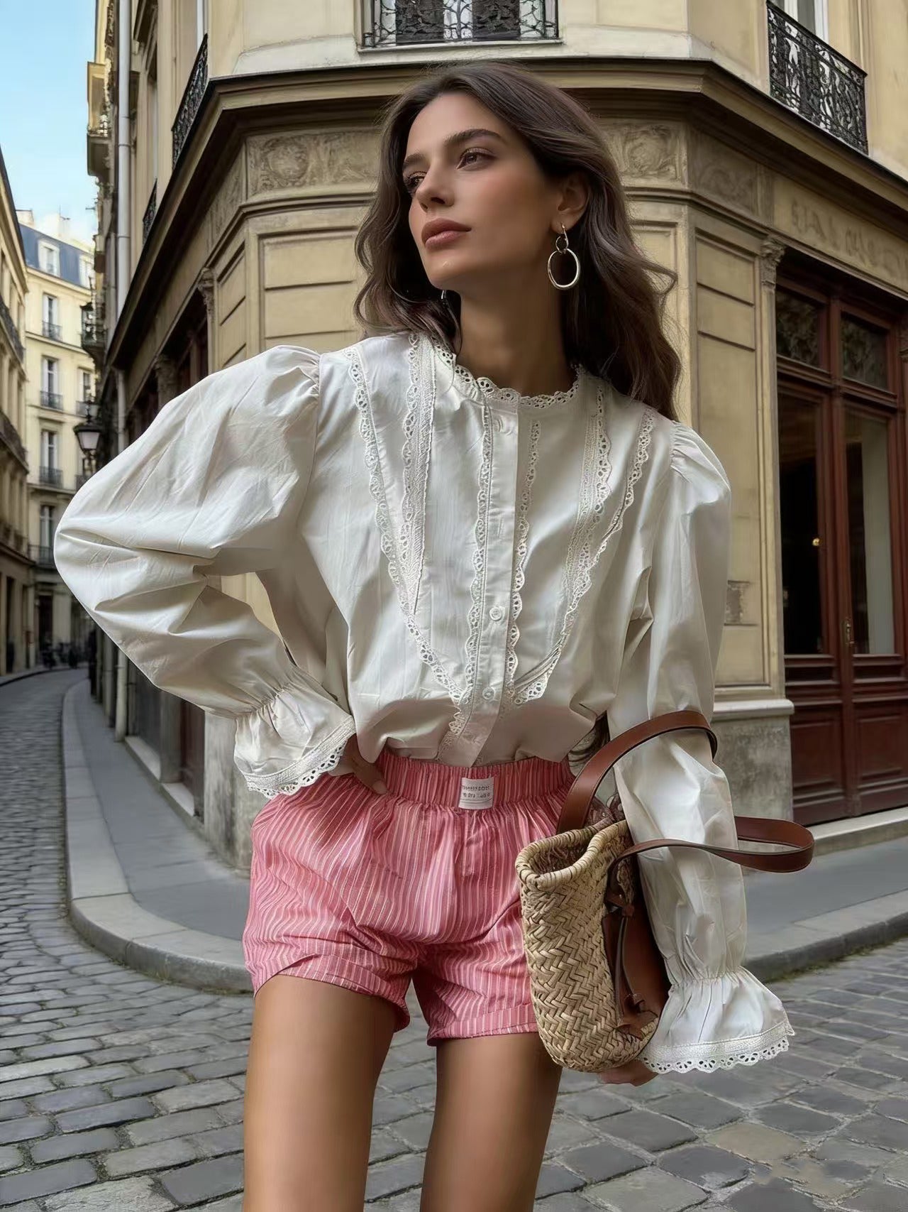 Lace Trim Puff Sleeve Button Shirt