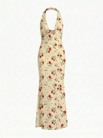 LILA Floral Print Cowl Neck Bodycon Midi Dress