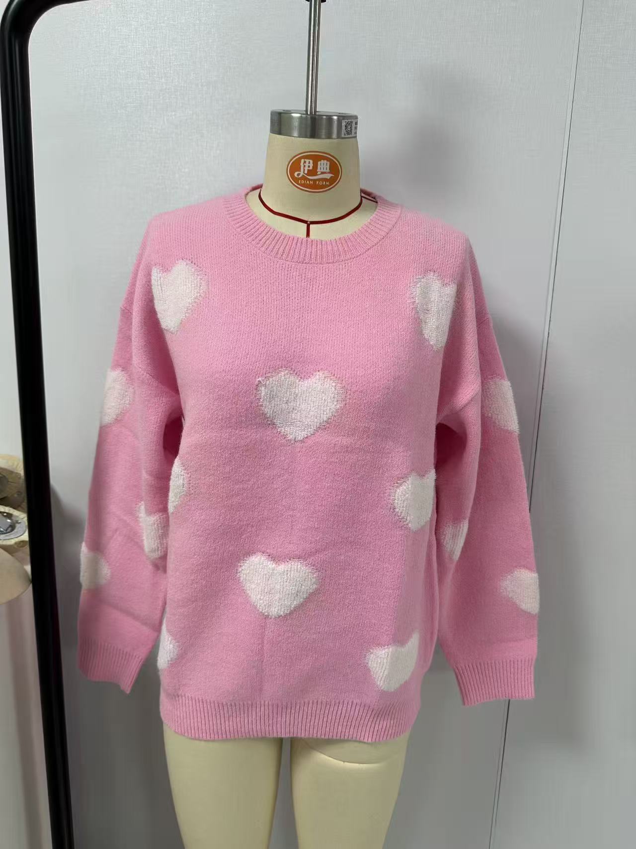 Cozy Pink Heart Print Pullover Sweater