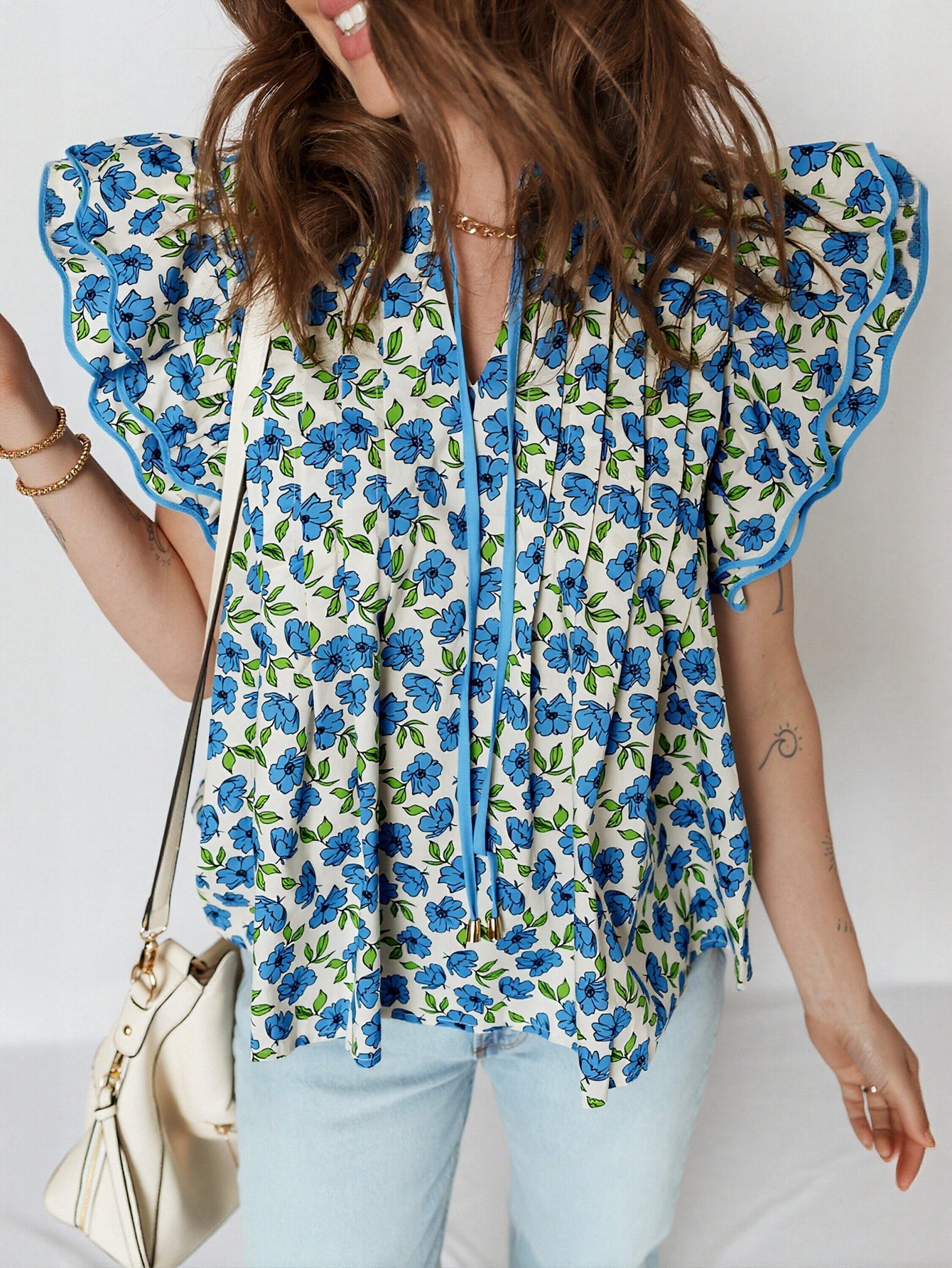 V Neck Ribbon Tie Blouse