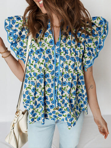 V Neck Ribbon Tie Blouse