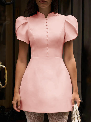 Elegant Button Front Puff Sleeve Dress