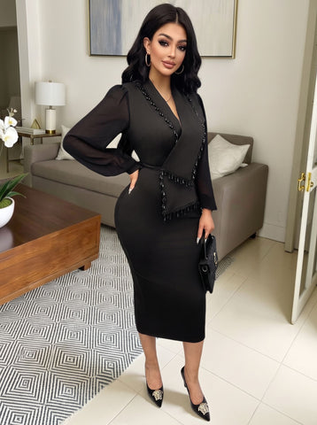 Beaded Trim Peplum Bodycon Midi Dress