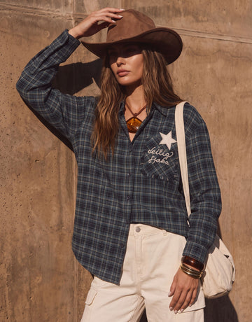 Oversized Plaid Star Embroidered Button Down Shirt