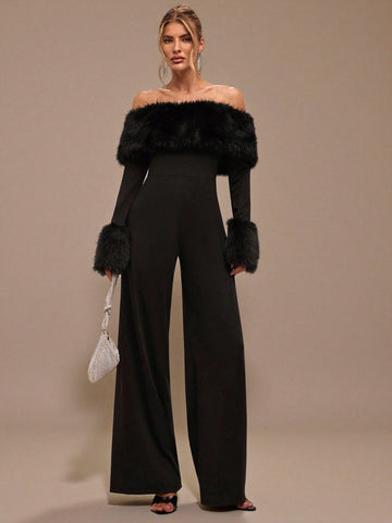 Faux Fur Off Shoulder Jumpsuit