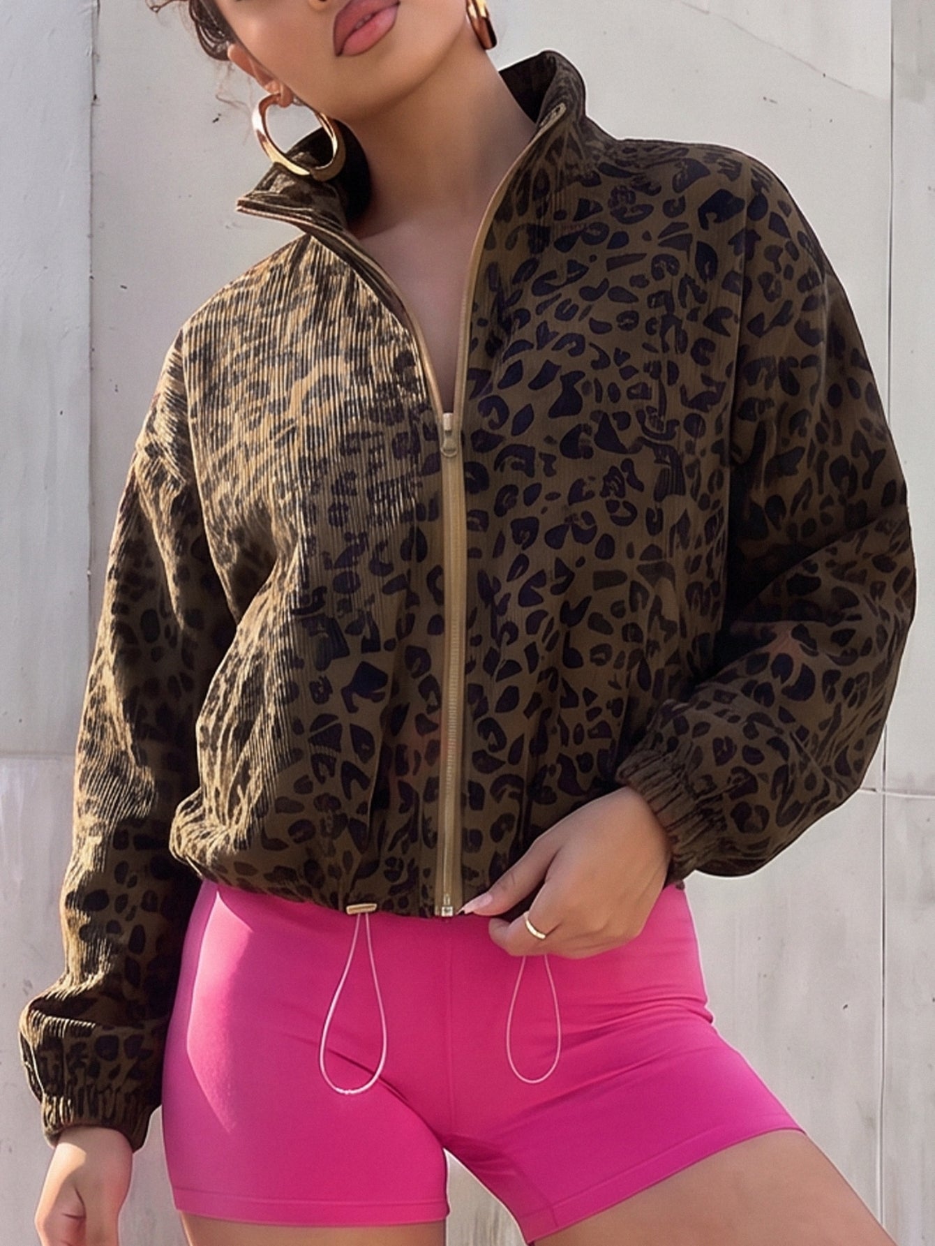 Leopard Print Corduroy Zip Up Jacket