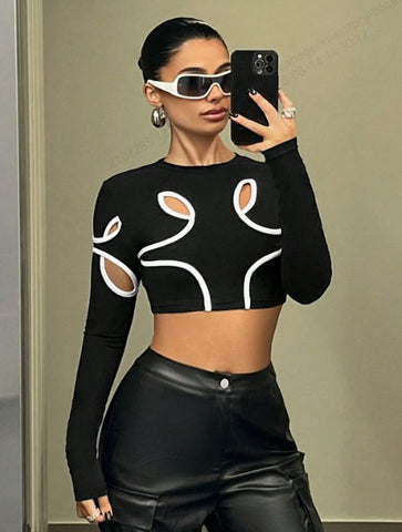 Cutout Contrast Trim Long Sleeve Tee