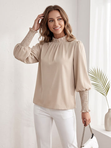 Elegant Pleated Smocked Cuff Blouse