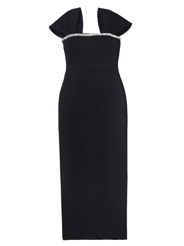 Square Neck Crystal Trim Elegant Maxi Dress