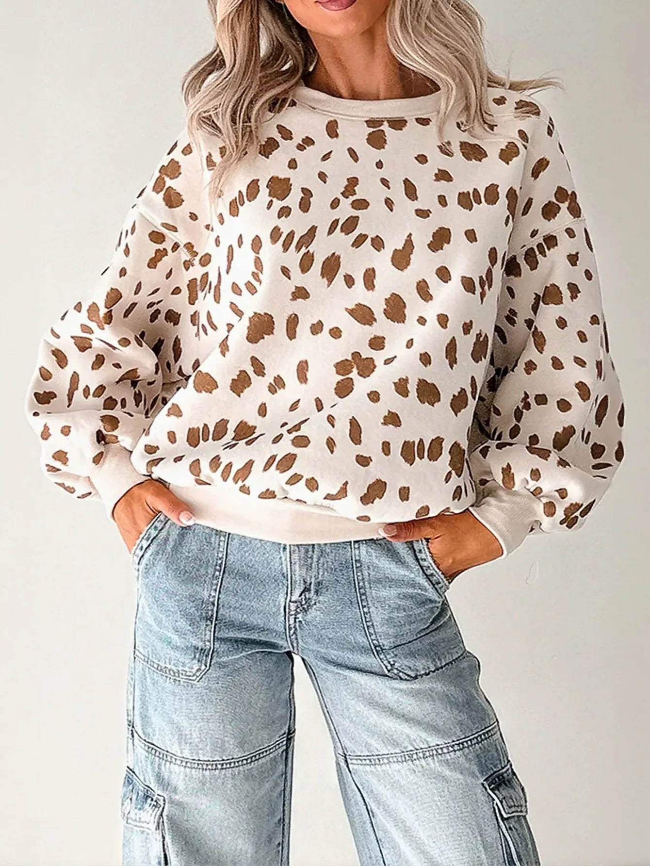 Oversized Spotted Print Balloon Sleeve Sweatshirt