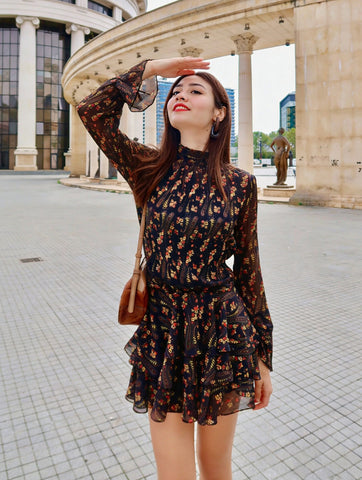 Floral Print Ruffled Chiffon Mini Dress