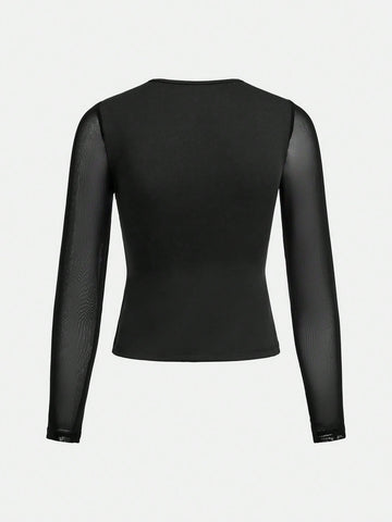 Stretchy Grommet Detail Mesh Top