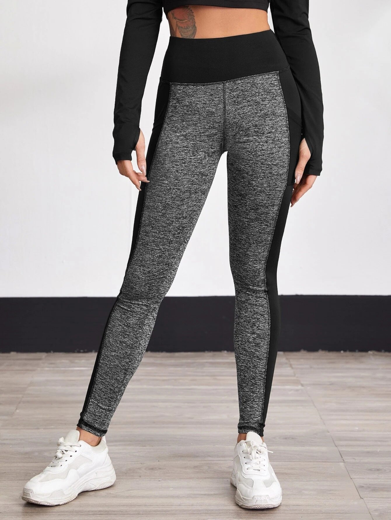 High-Waisted Colorblock Pocket Fitness Yoga Leggings-Black