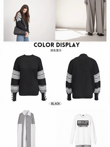 Oversized Button Cuff Thermal Pullover Sweater