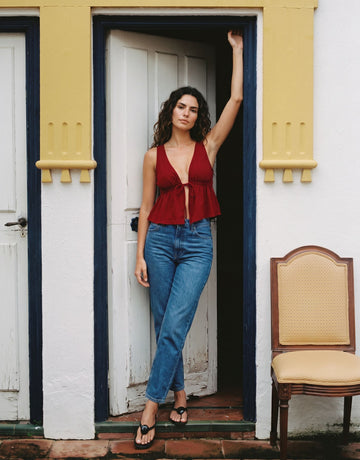Plunging V Neck Peplum Chiffon Top