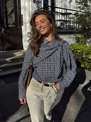 Draped Plaid Tie Front Button Shirt