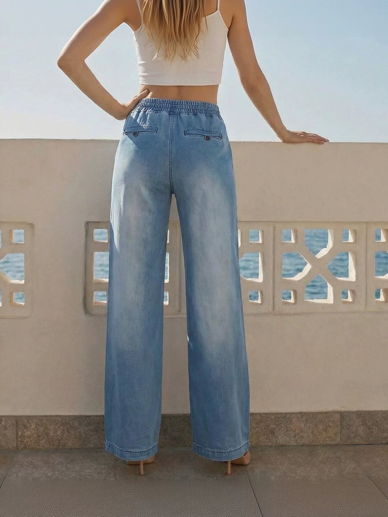 Comfy Drawstring Waist Wide Leg Jeans