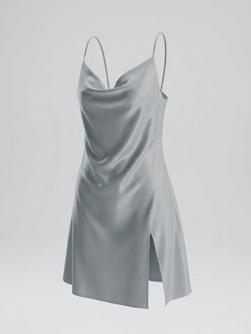 Satin Cowl-Neck High-Slit Sexy Nightgown