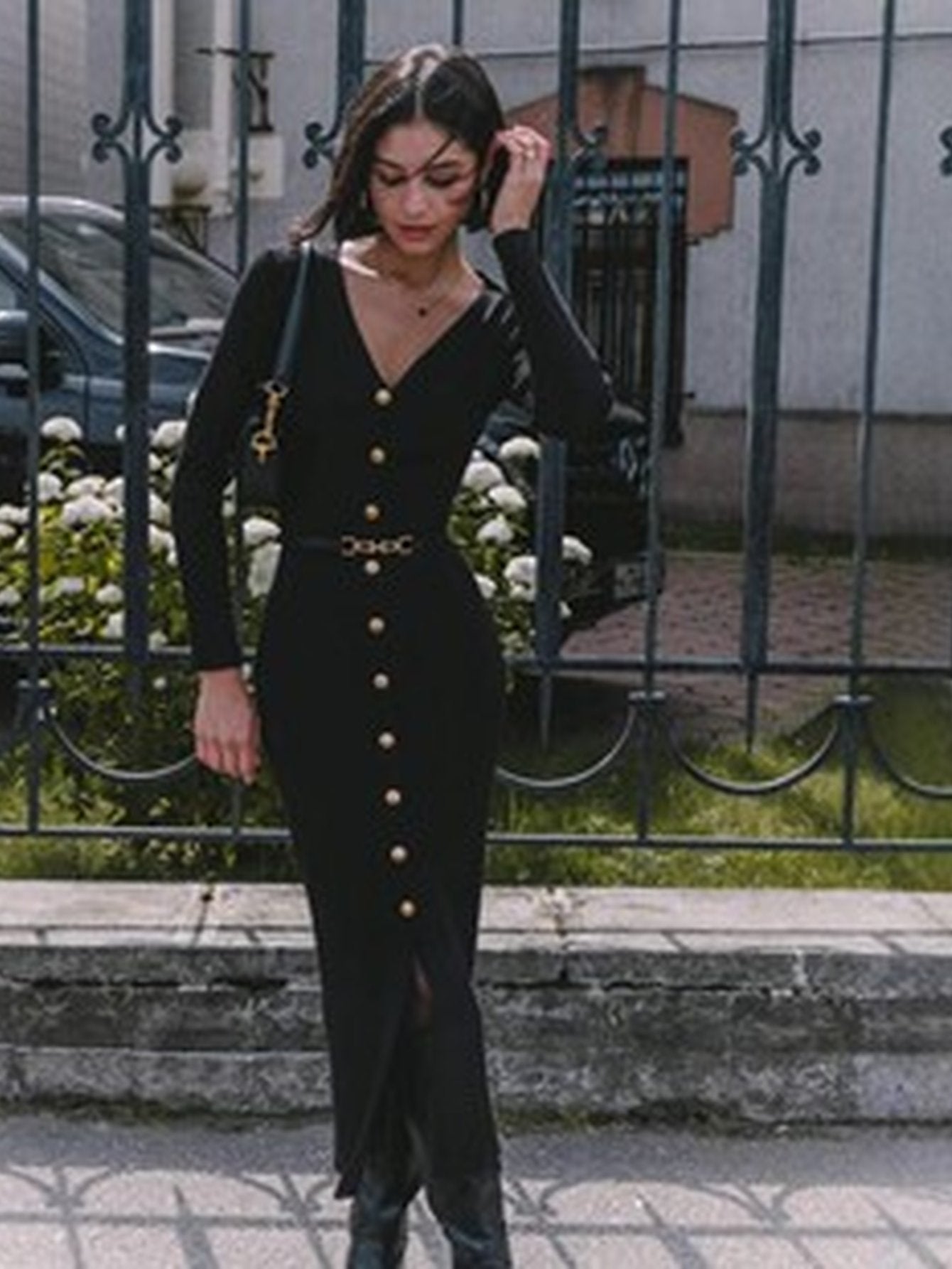 Elegant Button Down Ribbed Knit Dress