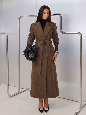Elegant Belted Long Wool Coat